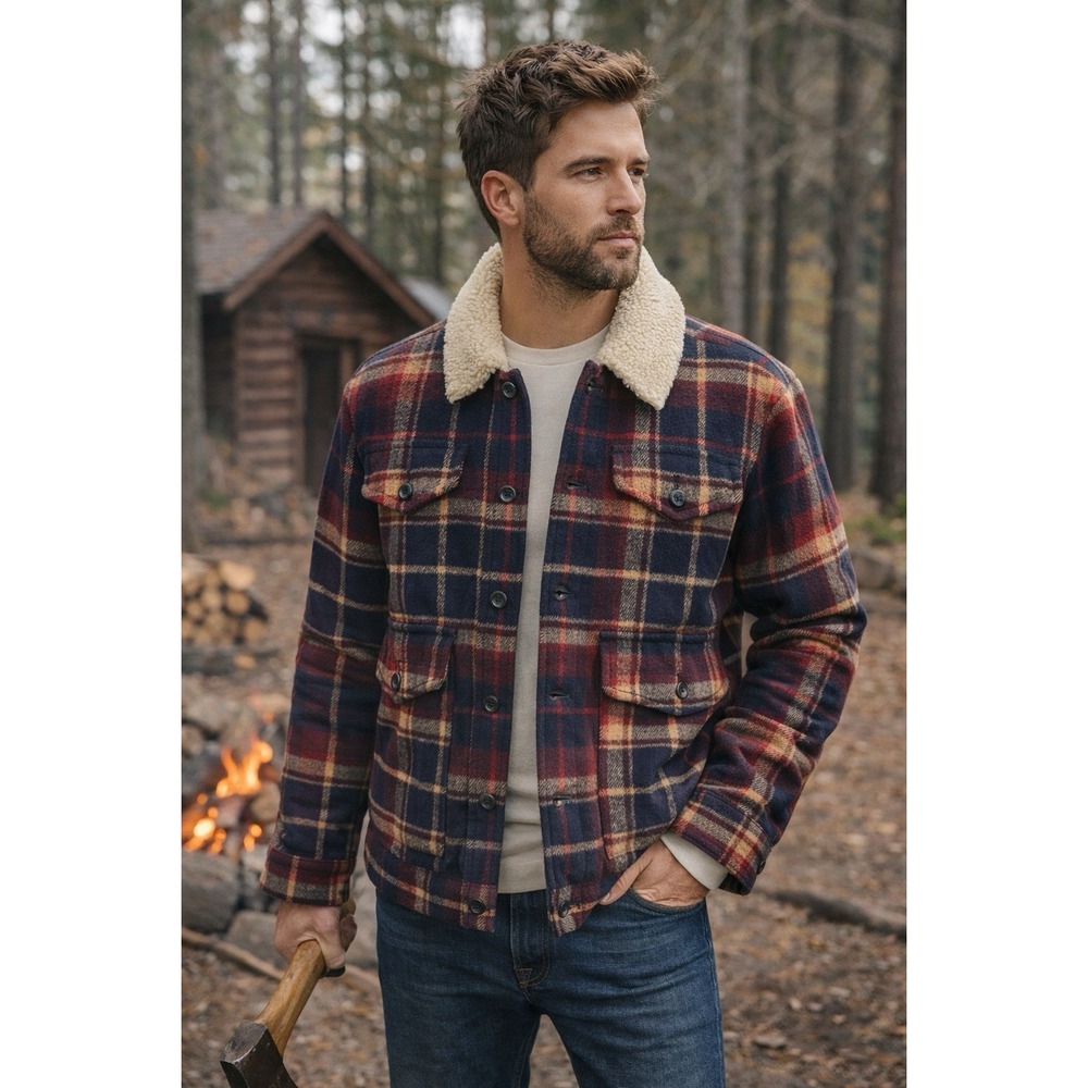 Banana‎ Republic Jacket Men S Plaid Sherpa Collar Flannel Outdoor Lumberjack